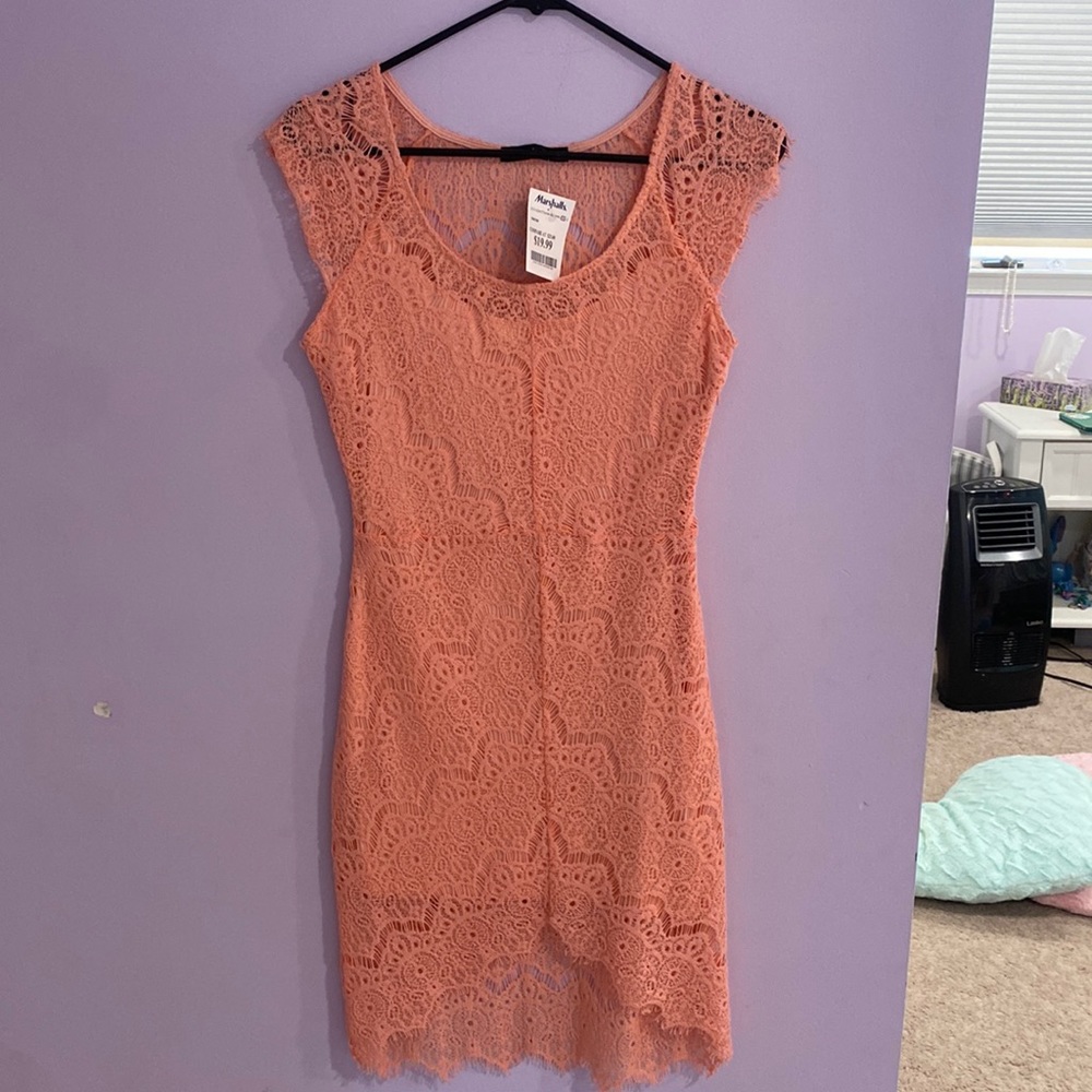 Peach/pink lace dress. Can’t find size but believe it’s a S.